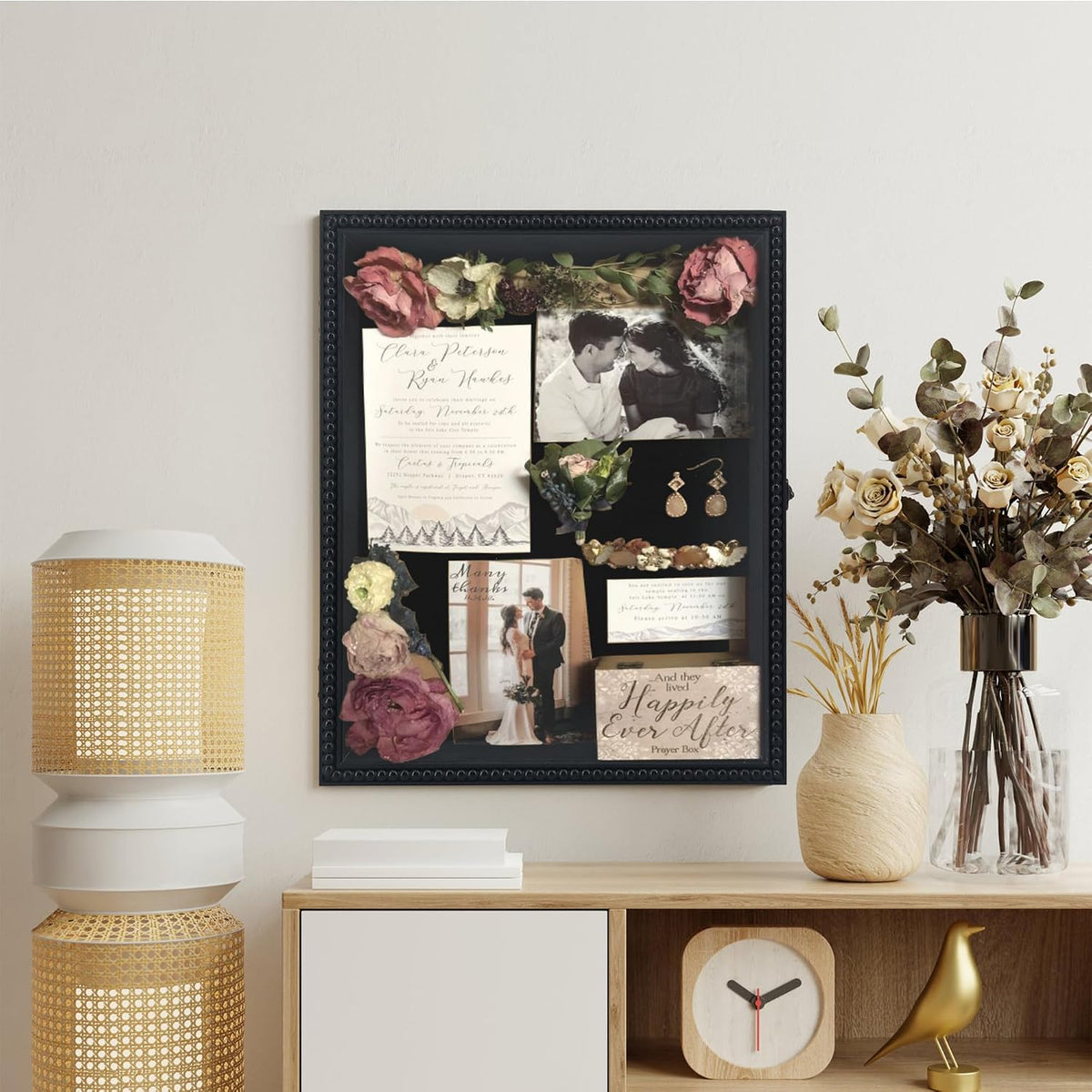 Beaded Shadow Box Frame 13x16, Black Wedding Keepsake Memory Display Case