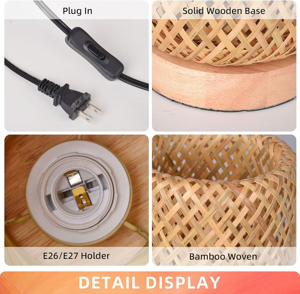 Arturesthome Bamboo Desk Light Woven Boho Beside Lamp Vintage Wicker Wooden Nightstand Lamp for Living Room,Kids Room,Nursery Room Decor