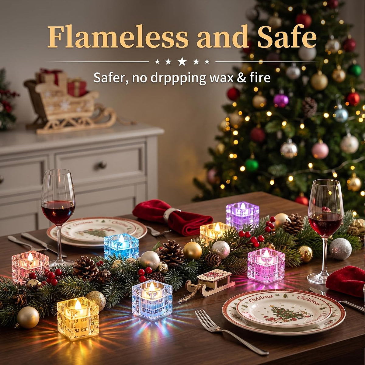 AVEKI 12 Pack Crystal Flameless Tea Lights Candles Battery Operated, Color Changing Flameless Tealight Candles for Halloween Christmas Wedding Party Home Decor (Block-Colorful)