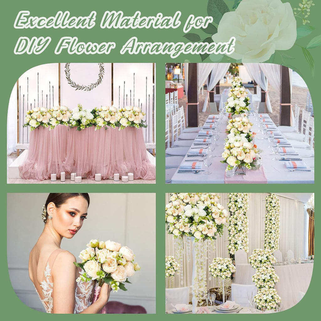 Jexine Artificial Peonies Flowers, White, Champagne, 24 Bundles
