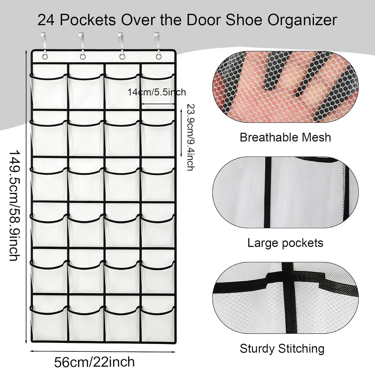 24 Pockets Over The Door Shoe Organizer, Large Breathable Mesh Hanging Shoe Rack with 4 Metal Hooks, Space Saving White Over Door Shoe Storage Holder Mesh Bag for Closet Entryway Bedroom Pantry