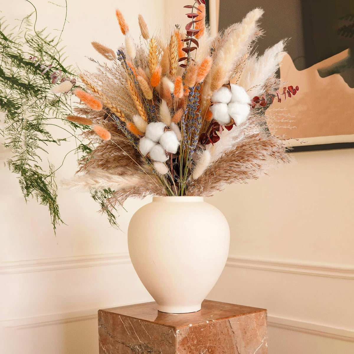 Fall Dried Flower Bouquet – Boho Fall Decor with Pampas Grass, Cotton, and Orange Bunny Tails – Autumn Floral Arrangement for Home, Mantel, or Vase – Fall Decorations for Home Indoor & Porch