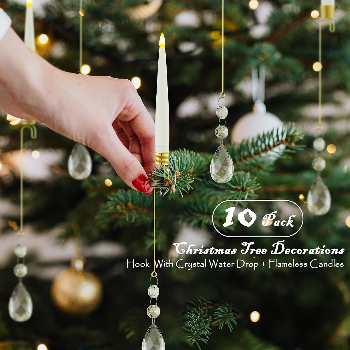 JOIONE Christmas Tree Candles, 10 Pcs Crystal Water Drop Tree Hanging Decor