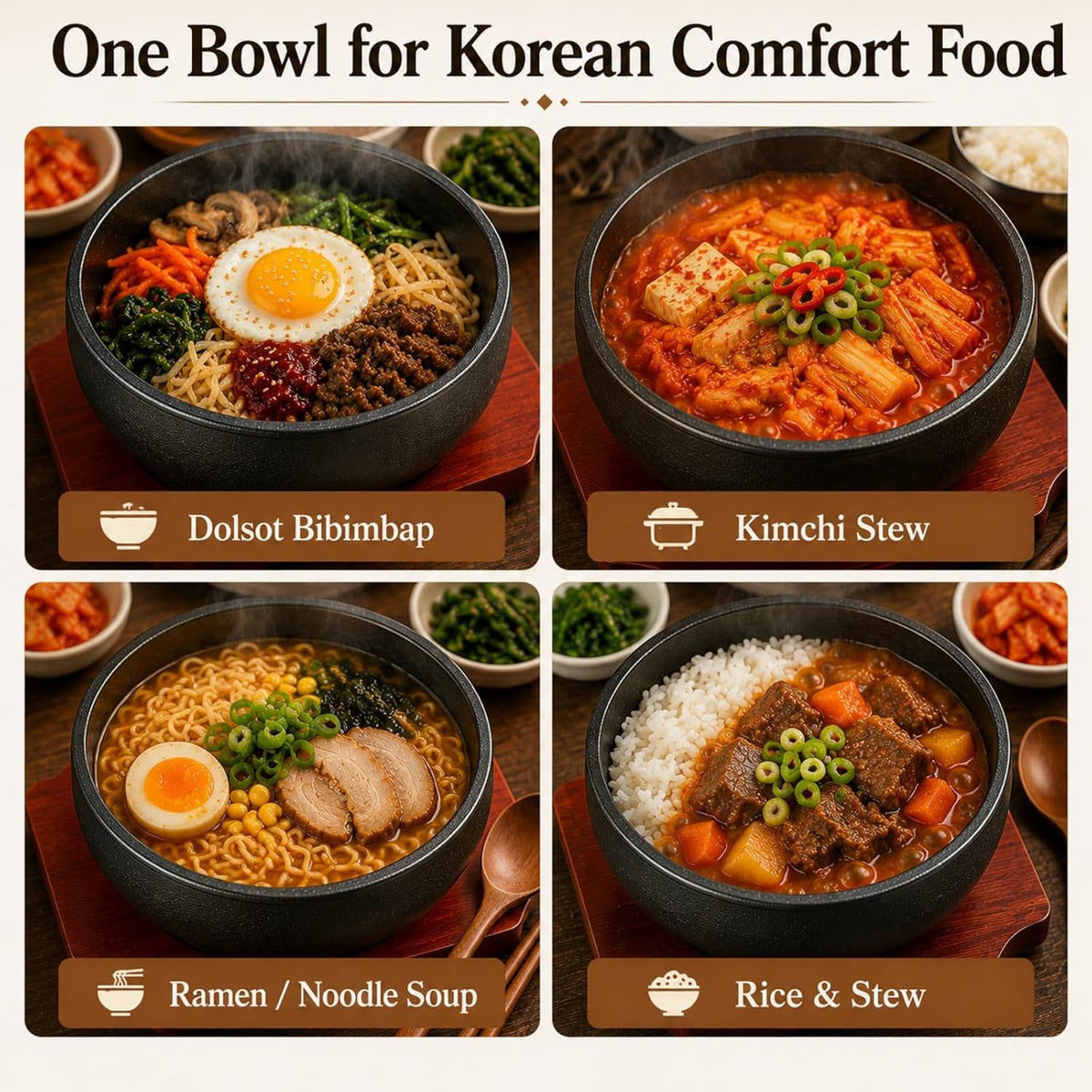XICHENGSHIDAI Cast Iron Dolsot Bibimbap Bowl, 31 Oz, Wooden Base