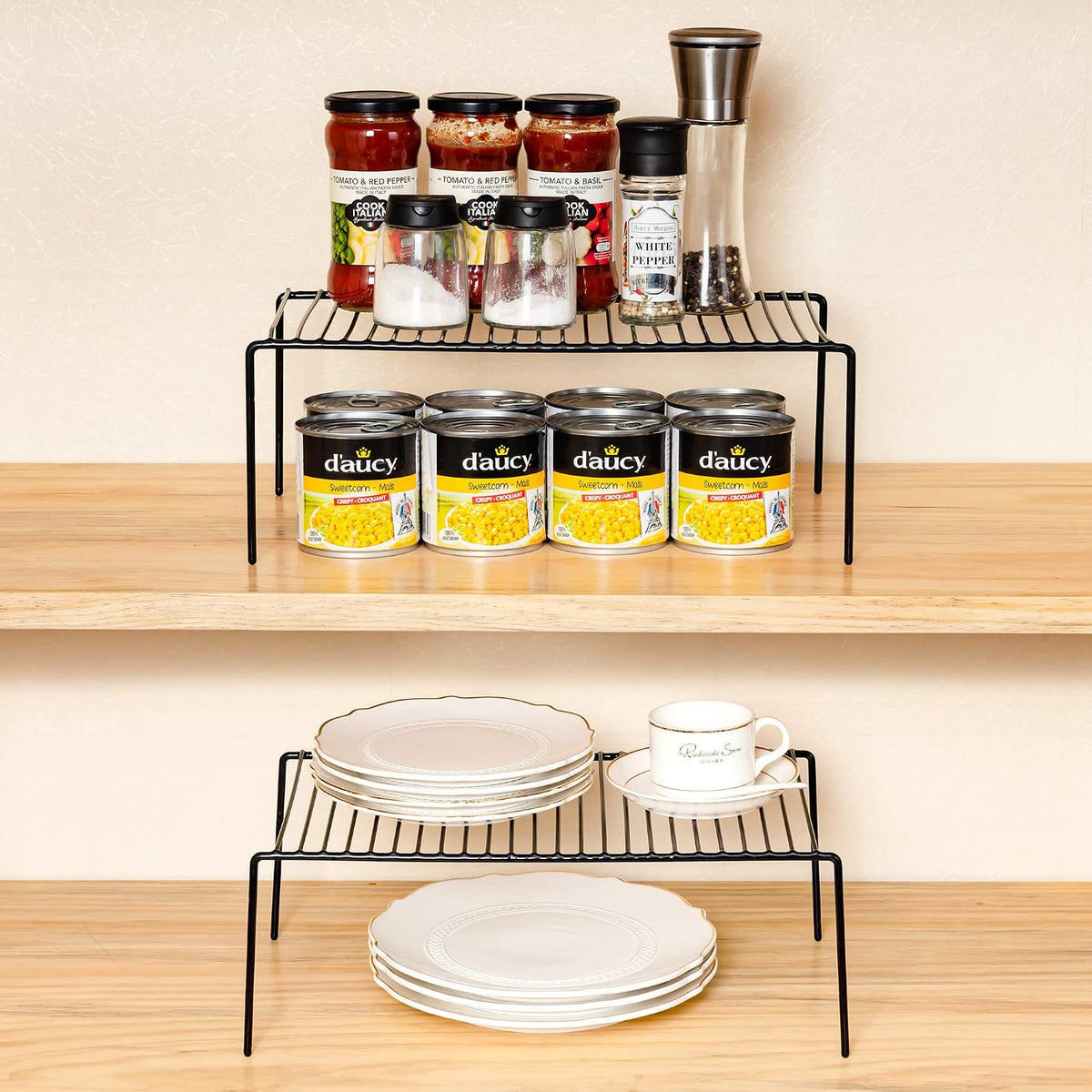 Redrubbit 6 Pack Large (15.7 x 9.4 Inch) Cabinet Storage Shelf Rack, Rustproof Kitchen Counter and Cabinet Shelf, Storage Rack Organizer for Kitchen, Fridge, Bathroom, Black