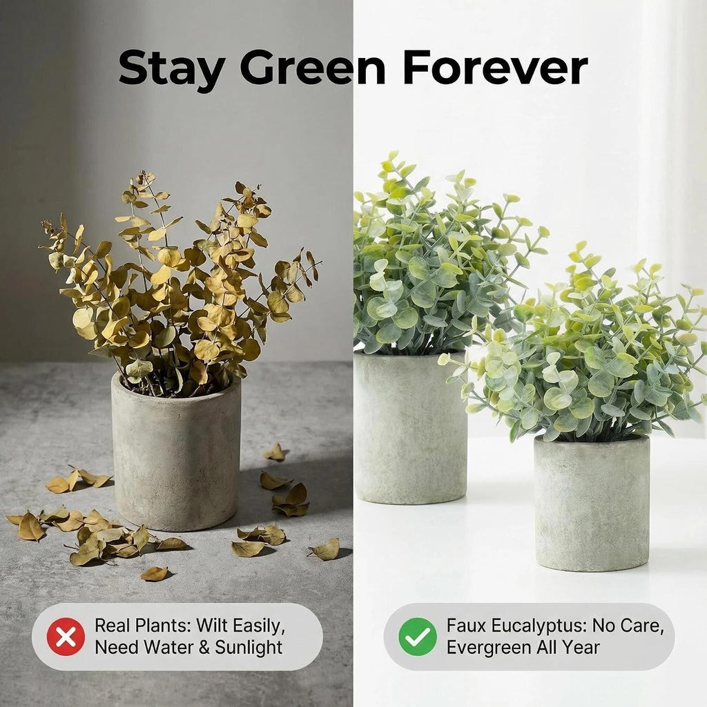 2 Pack Small Fake Eucalyptus Faux Potted Artificial Plants for Home Decor