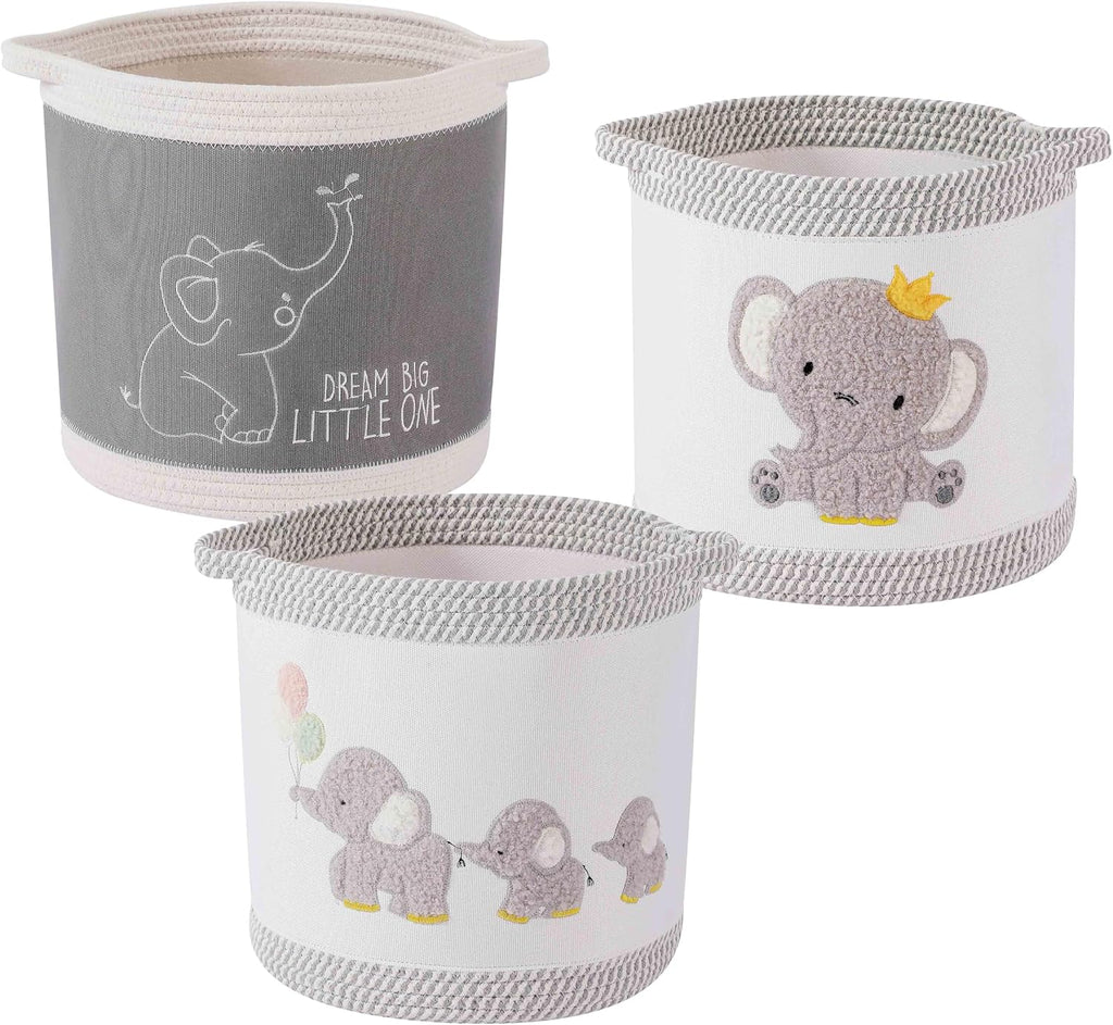 3-Piece Woven Baby Toy Blanket Storage Baskets Laundry Hampers, Elephant Design Foldable Nursery Organizer for Toys Clothes Stuffed Animals, Roomy Sturdy Hamper for Baby Gift Nursery Decor Basket