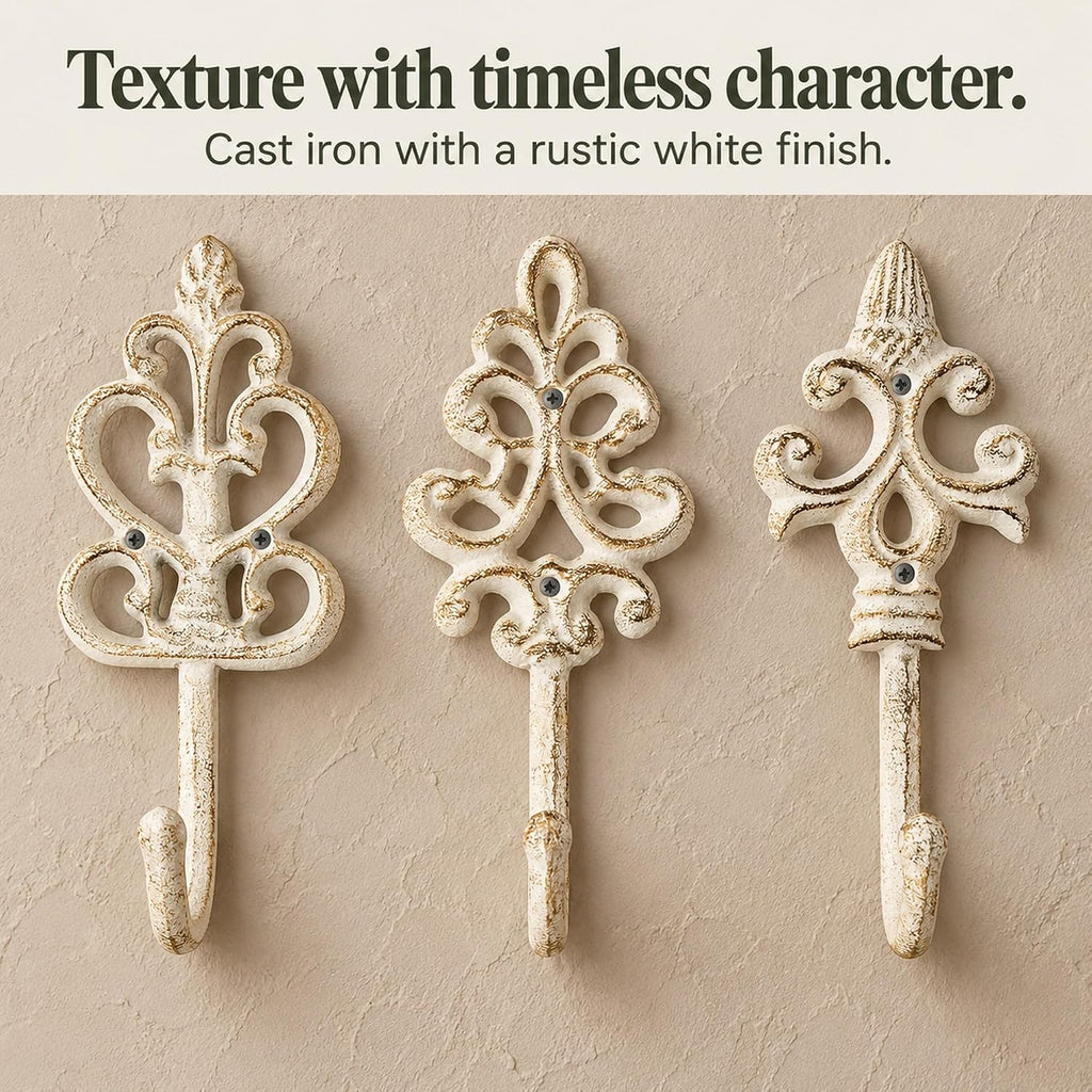 Comfify Rustic White Cast Iron Wall Hooks Set of 3 – Farmhouse Coat Hooks