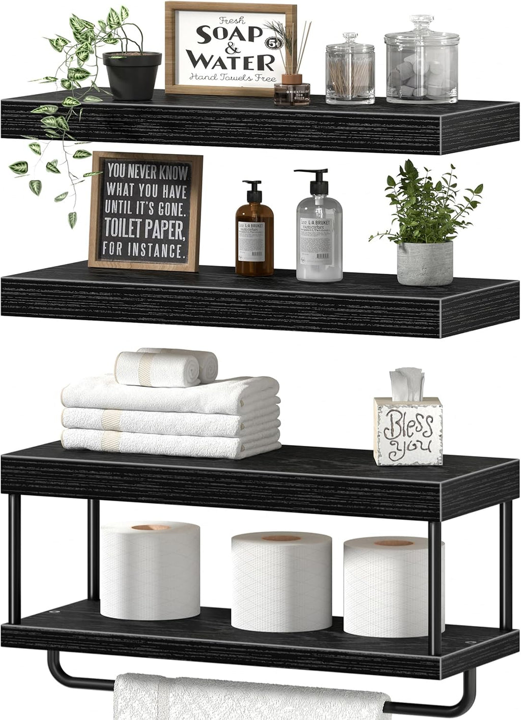 QEEIG Bathroom Floating Shelves Over Toilet (Black, Set of 3, 15.7")