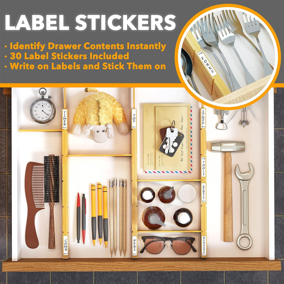 SpaceAid Bamboo Drawer Dividers with Inserts and Labels, 4 Dividers with 9 Inserts (17-22 in), Bag Storage Organizer (1 Box 4 Slots)