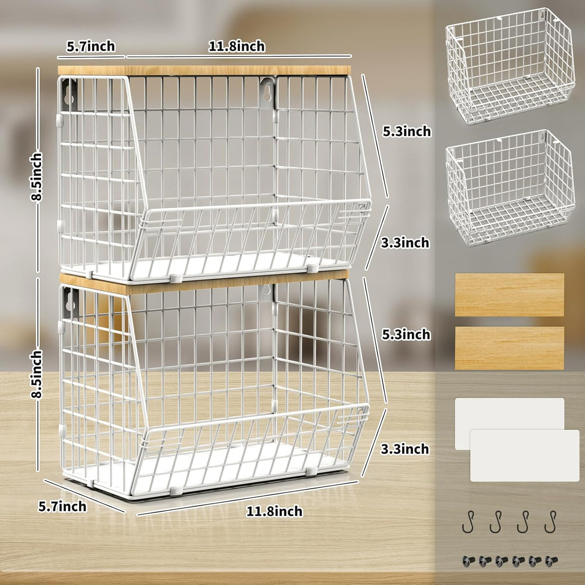 Mefirt Fruit Basket, 2-Tier Fruit Bowl for Kitchen Counter, Stackable Wall Mounted Fruit Storage, Snack Organizer, Potato and Onion Storage Basket, Hanging Pantry Storage with Wood Lid, 2 Set, White