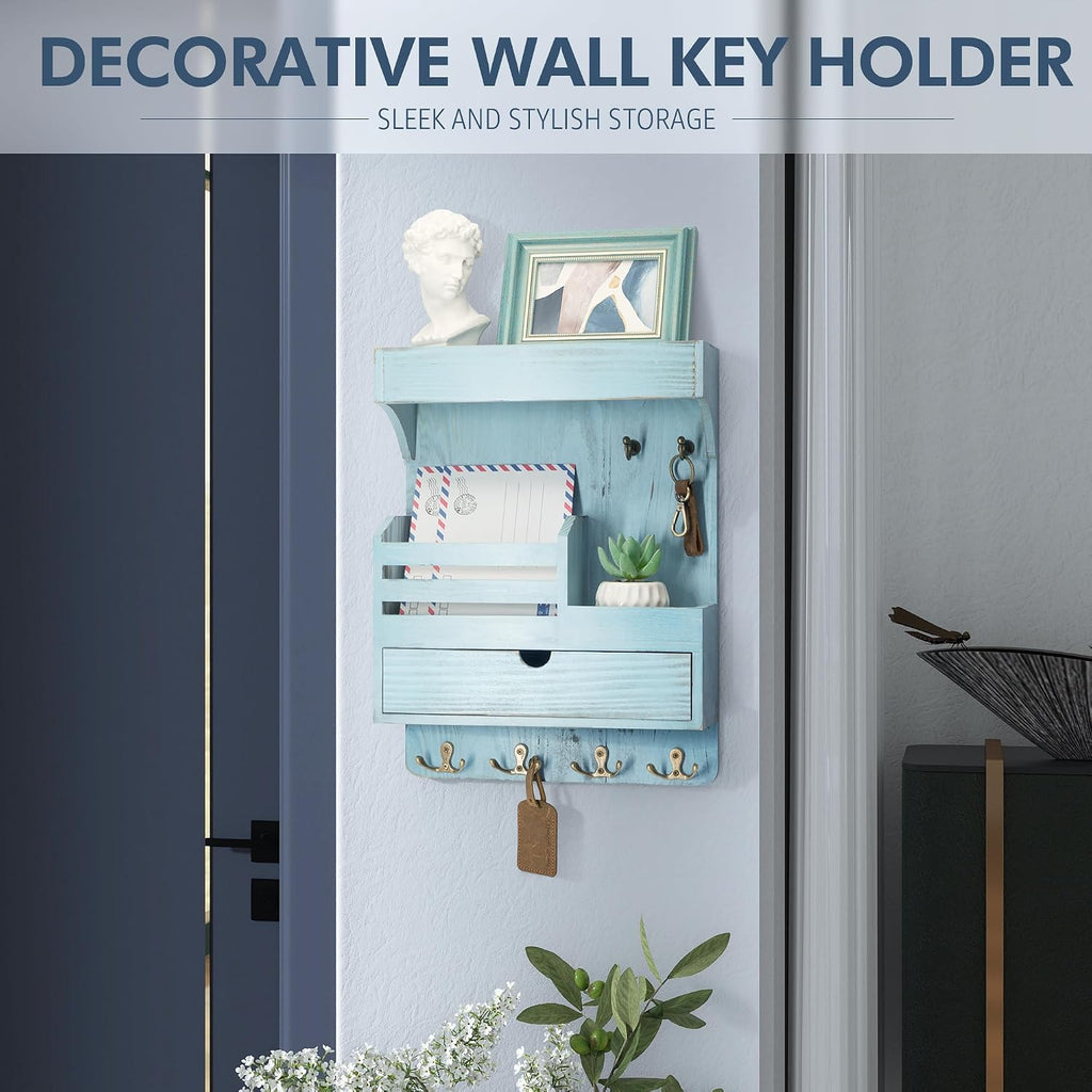 Rebee Vision Key Holder Wall Mount with Drawer & Shelf for Entryway, Blue