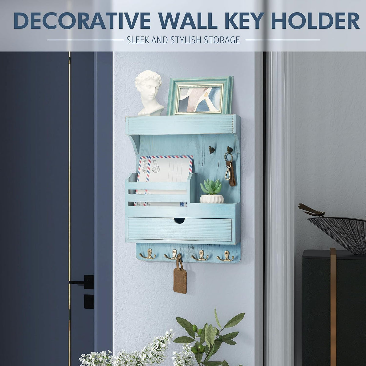 Rebee Vision Key Holder Wall Mount with Drawer & Shelf for Entryway, Blue