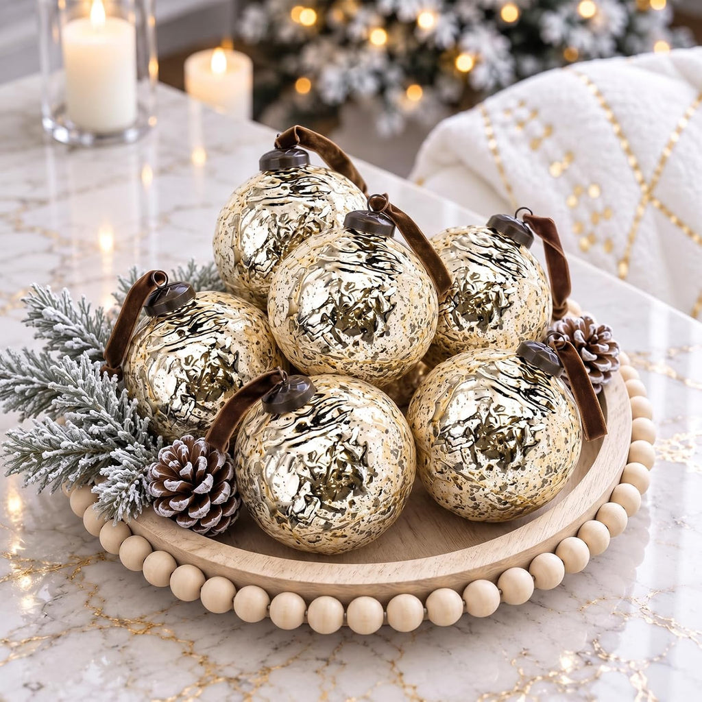 Threan 6 Pcs Vintage Gold Mercury Glass Christmas Ornaments, Polka Dot