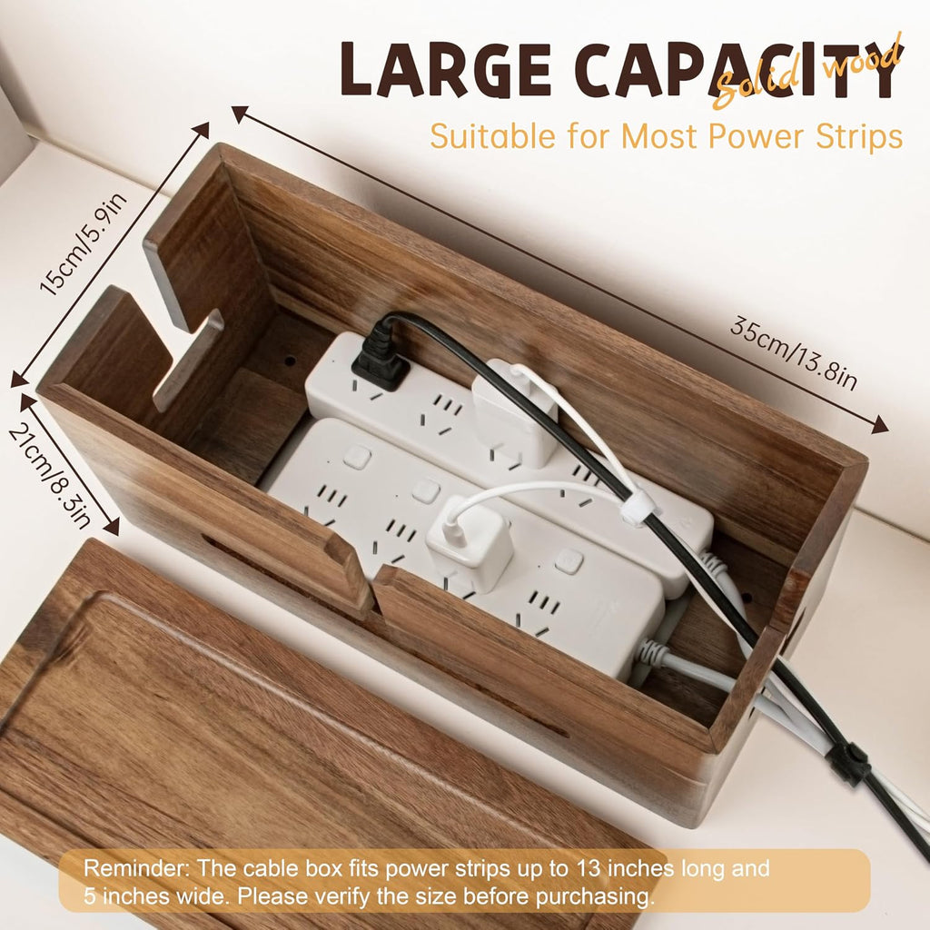 Brown Wood Large Cable Management Box for Power Strip and Cord Hideaway
