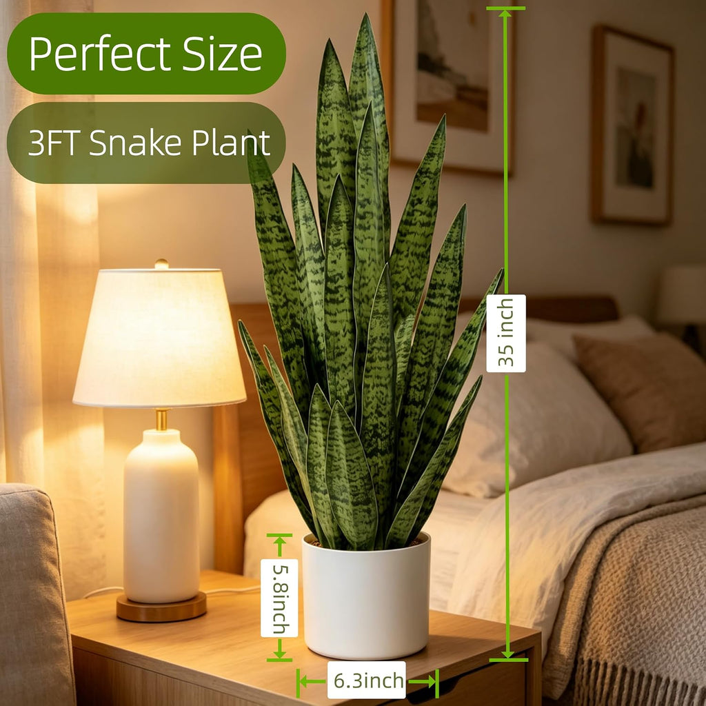 Fake Snake Plant 3FT, 35in Artificial Potted Plant with White Pot