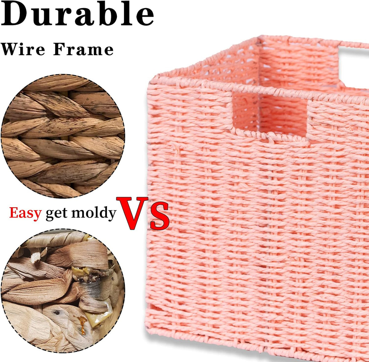 Vagusicc Wicker Storage Basket, Set of 2 Hand-Woven Paper Rope Storage Baskets for Organizing, Pink Cube Storage Bins, 11inch Large Wicker Storage Baskets for Shelves Gifts Pantry Organizing Decor