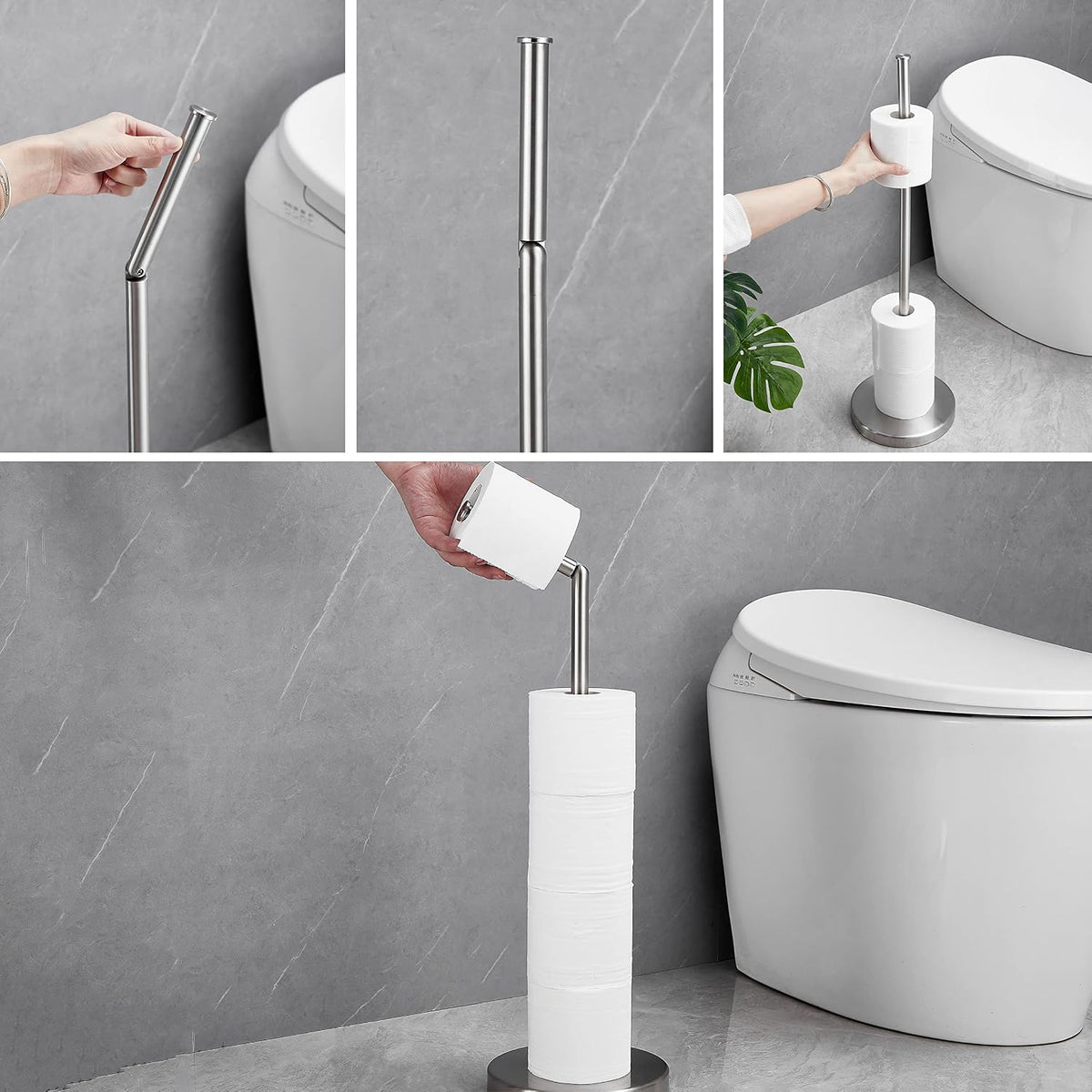 Foldable Toilet Paper Dispenser SUS304 Stainless Steel Free Standing Toilet Paper Holder Stand Modern Floor Bathroom Storage Freestanding 4 Rolls of Toilet Tissue Stand (Brushed Nickel Finish)