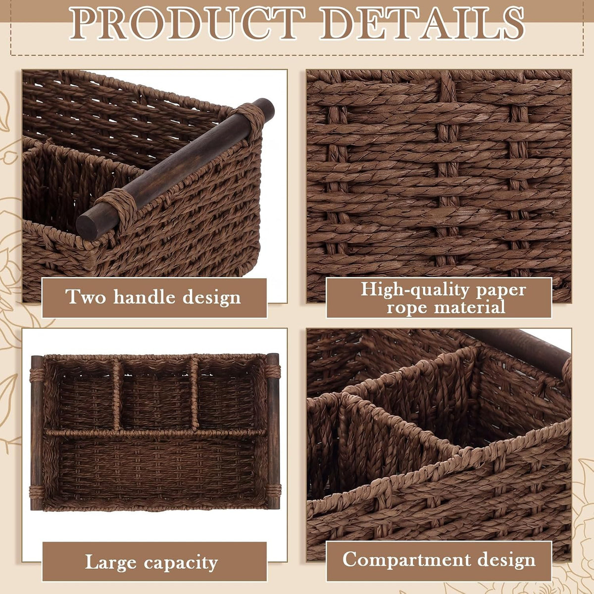 Remerry Brown Bathroom Countertop Organizer Caddy, Wicker-like Divided Basket with Handle and Metal Frame, 4 Compartment, Paper Rope Storage Organizer for Vanity Kitchen (15.35 x 10.24 x 6.3 in)
