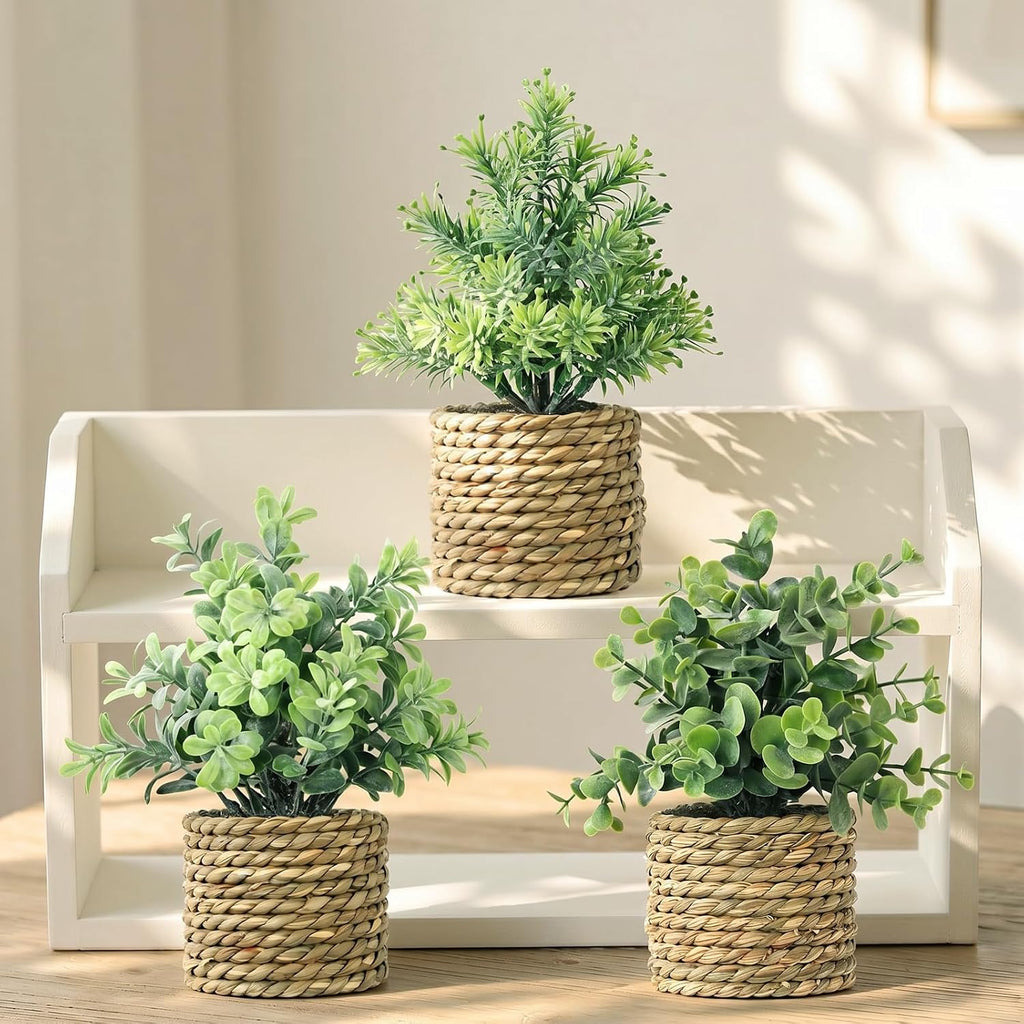 Small Fake Plants, 3 Pack Artificial Potted Plants with Seagrass Pots