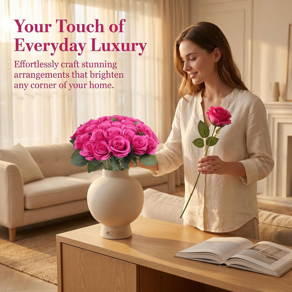52pcs Hot Pink Roses Artificial Flowers Fake Flowers Silk Roses with Stems for DIY Wedding Bouquets Bridal Shower Table Centerpieces Arrangements Party Home Decorations