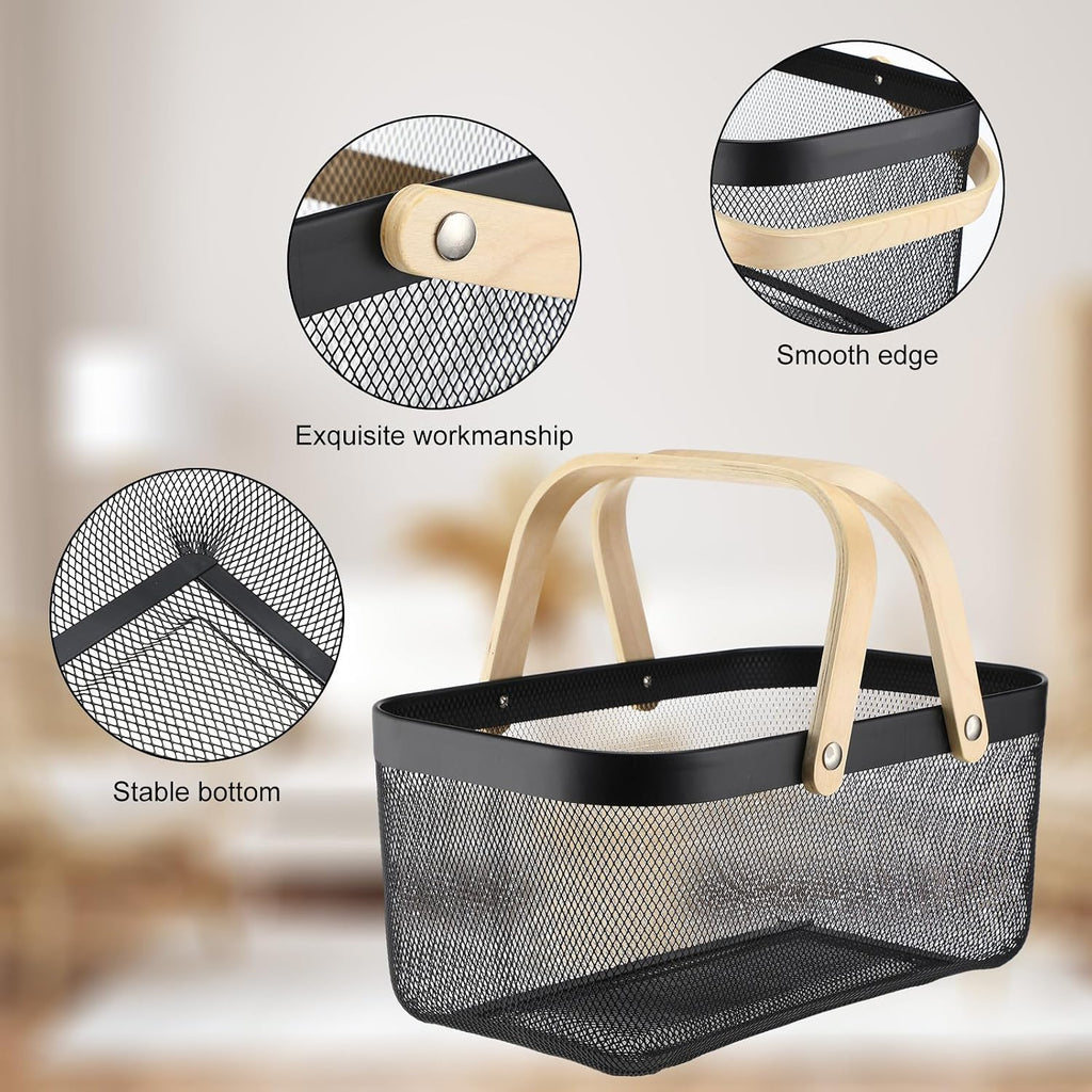 Sadnyy 4 Pcs Black Metal Wire Storage Basket with Handle Mesh Harvest Durable Vegetables Fruit Toy Basket for Garden Organizing, Kitchen, Countertop, Closet, Bedroom (16 x 9.8 x 7.1 Inch)