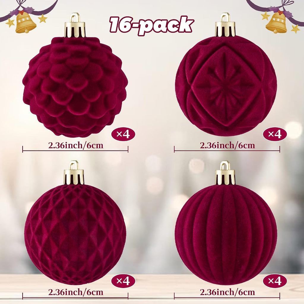 BLEUM CADE 16Pcs Burgundy Velvet Shatterproof Christmas Ball Ornaments