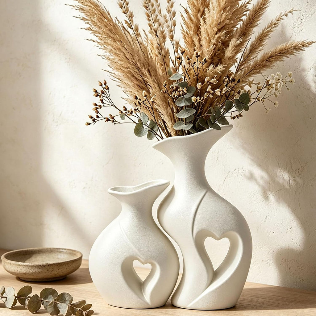 Heart Shaped Ceramic Vases Wabi Sabi Boho Flower Vase Set (White)