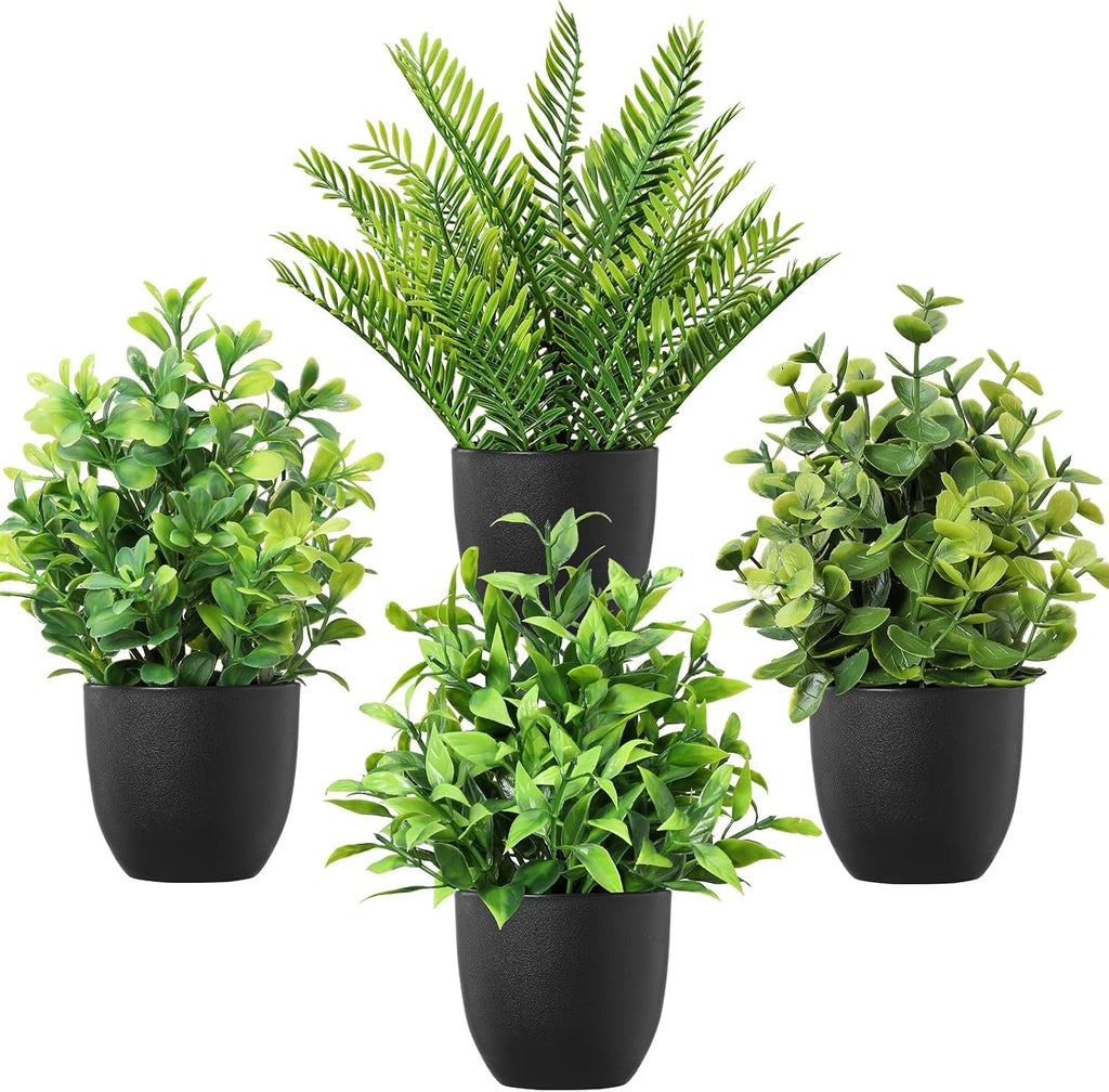 4 Pack Small Fake Plants in Black Pots Fern Eucalyptus Mix