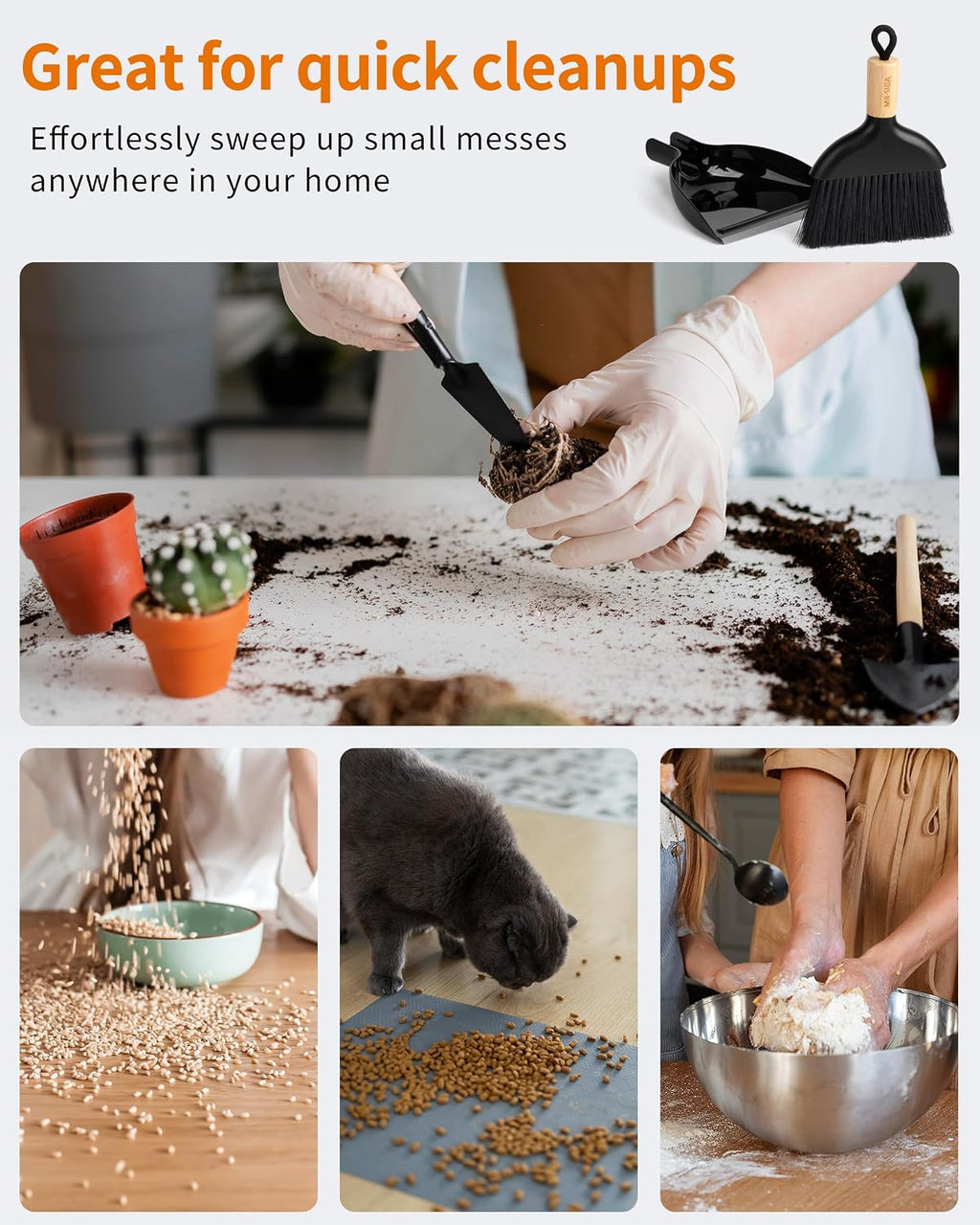 MR.SIGA Mini Dustpan and Brush Set, Bamboo Handle, Black, 1 Set