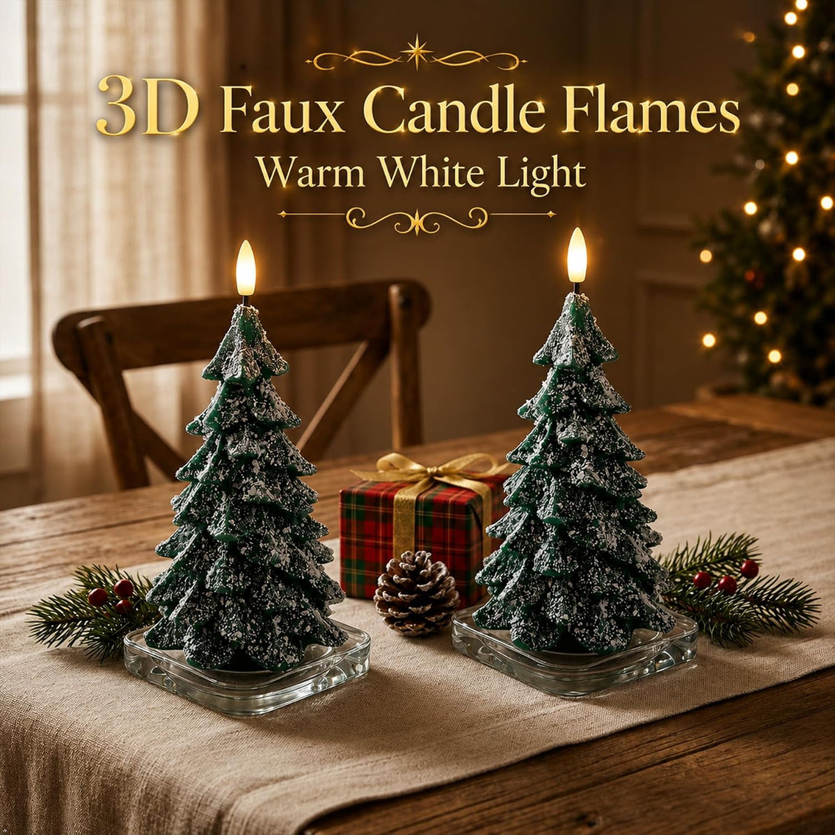 Fanna 2-Pack Real Wax Christmas Tree Shaped LED Candles with Snow Covered
