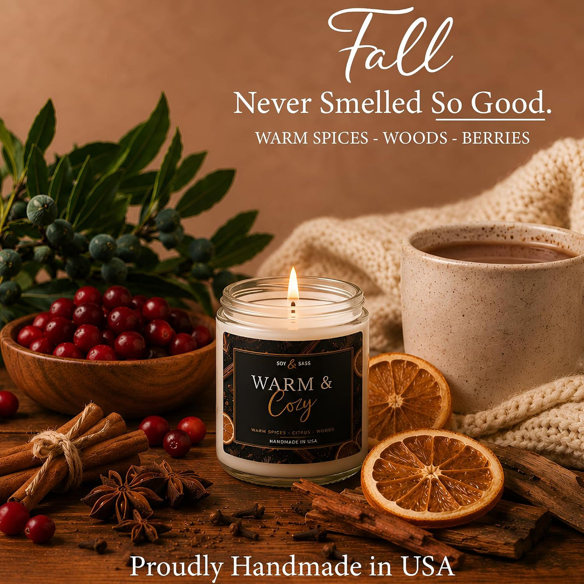 Christmas Candles, Fall Candles, Warm and Cozy' Soy Candle I Berries, Apple & Cinnamon I Infused w/Essential Oils I Warm n Cozy Home Dcor I Holiday & Winter Candle I 50Hr Burn I USA Made