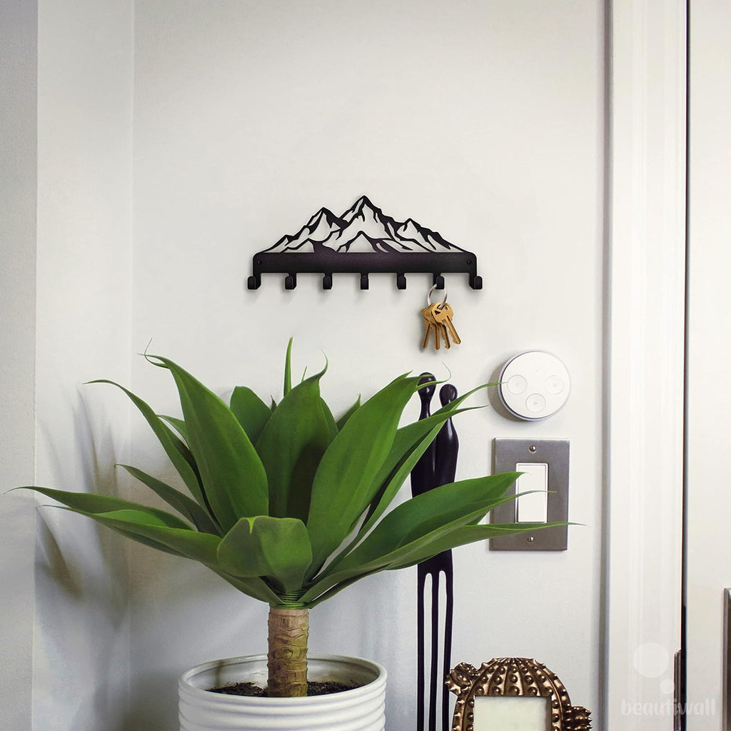 Key Holder – Steel Metal Wall Hanger with Hooks for Keys, Cars & Home | Mountains Design | Rent-Friendly with Strong Adhesive Layer | for Apartment, Garage & Entryway