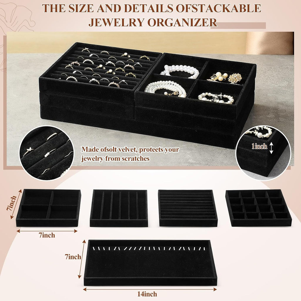 Cinnvoice Set of 10 Stackable Jewelry Organizer Tray for Drawer, Black