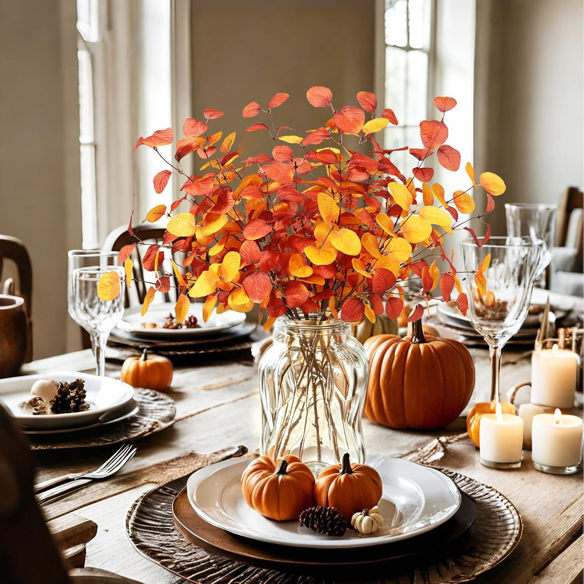 Beferr Fall Eucalyptus Stems Decor, 5Pcs 23" Artificial Eucalyptus Branches Autumn Leaves Fake Plants Floral Arrangements Thanksgiving Farmhouse Home Table Decorations