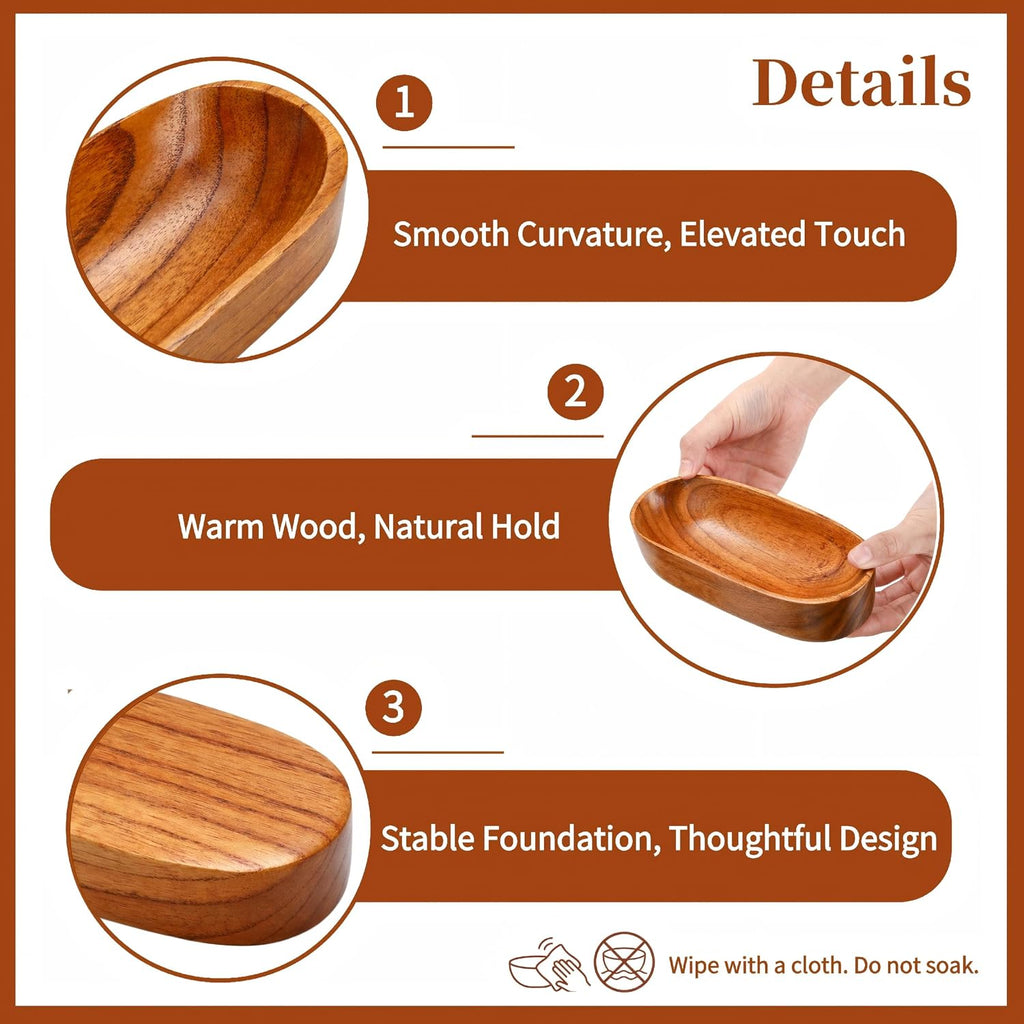 4 Pack Decorative Oval Wood Bowl, 7 Inch Long Handcrafted Wooden Boat Bowl, Small Entryway Catchall Tray Holder for Snack, Sauce, Jewelry, Ring, Key, Remote, Home Decor, Table Centerpiece