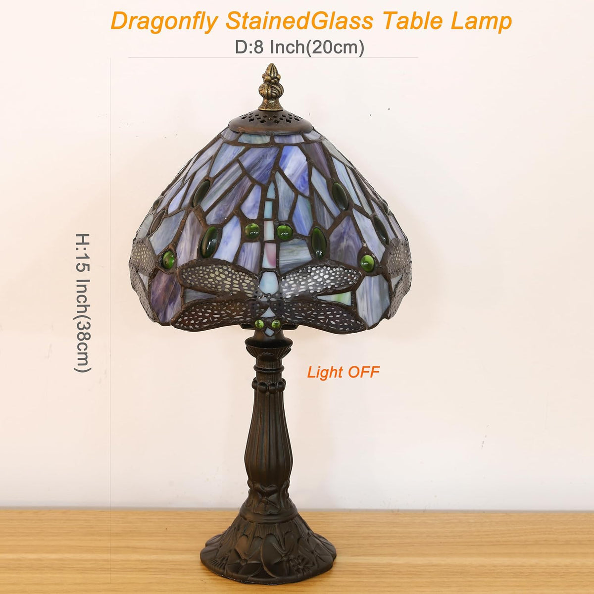 Tiffany Small Table Lamp Blue Dragonfly Hand-Made Stained Glass Table Lamps for Bedroom 8.5X8.5X15 Inch Night Light Bedside Nightstand Home Office Desk Lamp W/ E12 LED Bulb