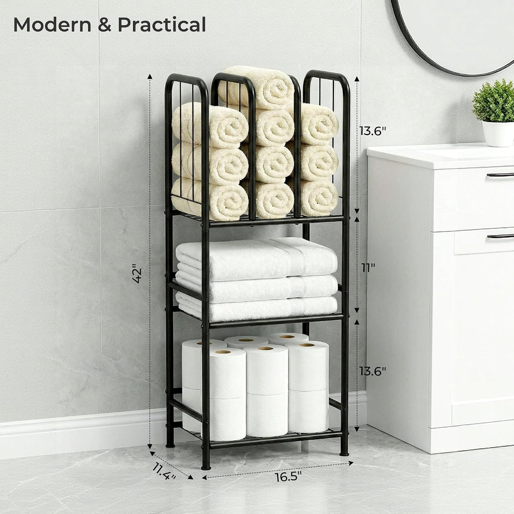 3-Tier Towel Storage for Bathroom, Freestanding Towel Rack with Dividers