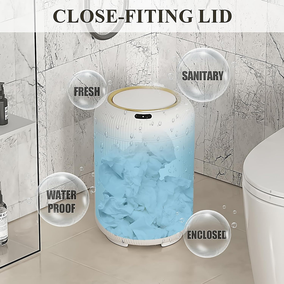 Automatic Motion Sensor Bathroom Trash Can with Lid,White and Gold