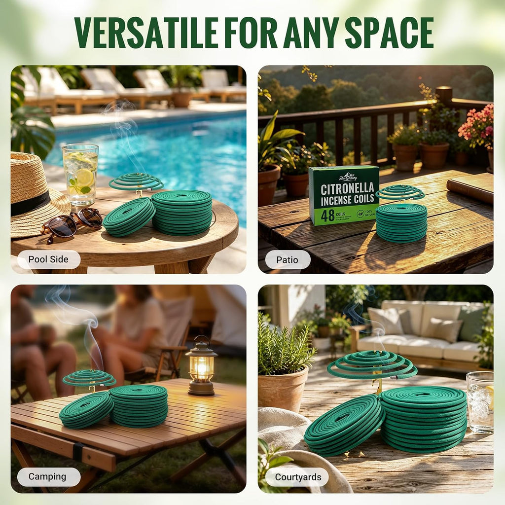 Citronella Coils 48 PCS – Citronella Incense Coil with Holder, Citronella Incense Coils Outdoor for Home Outside, Pool Side, Patio, Camping, Porches, Courtyards – Long Lasting Natural Scent