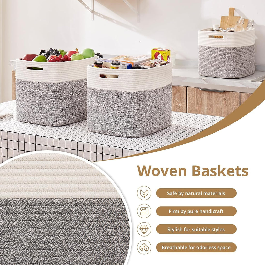 OIAHOMY 13 Inch Cube Storage Bins, 3-Pack Cotton Rope Woven Baskets for Organizing, Insert Storage Baskets for Shelves, Baby Nursery, Closet Organizer, 13 * 13 * 12.6IN, Grey & White