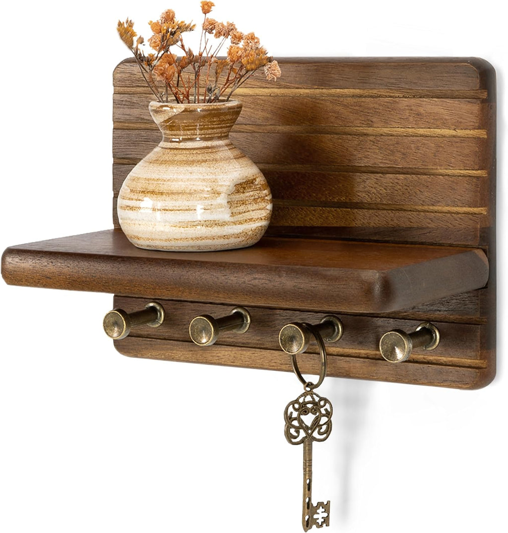 Rebee Vision Acacia Wood Key Holder Wall Mount with Shelf, Key Hooks, Brown