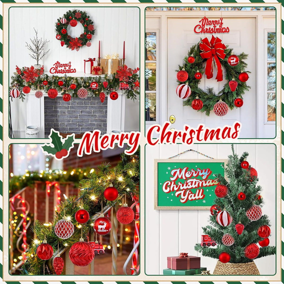 Ktinnead 94 Pcs Christmas Tree Decorations Set, Red Shatterproof Christmas Tree Hanging Ball Ornaments with Glitter Poinsettia Flowers Decorations Berries Snowflakes for Xmas Party Holiday Wedding