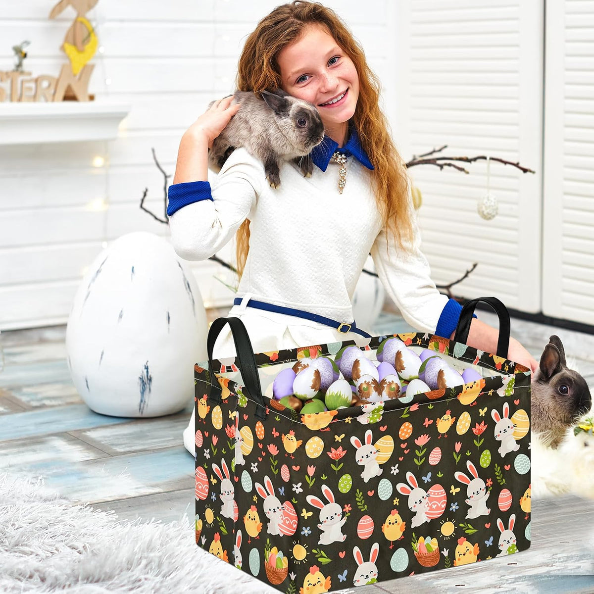 MAIZMZ Easter Storage Basket Eggs Bunny Flower Gifts Cube Waterproof Storage Bins Organizer,Foldable Closet Shelf Baskets with handles for Women,Nursery Hamper Toys Box,Room Decorations