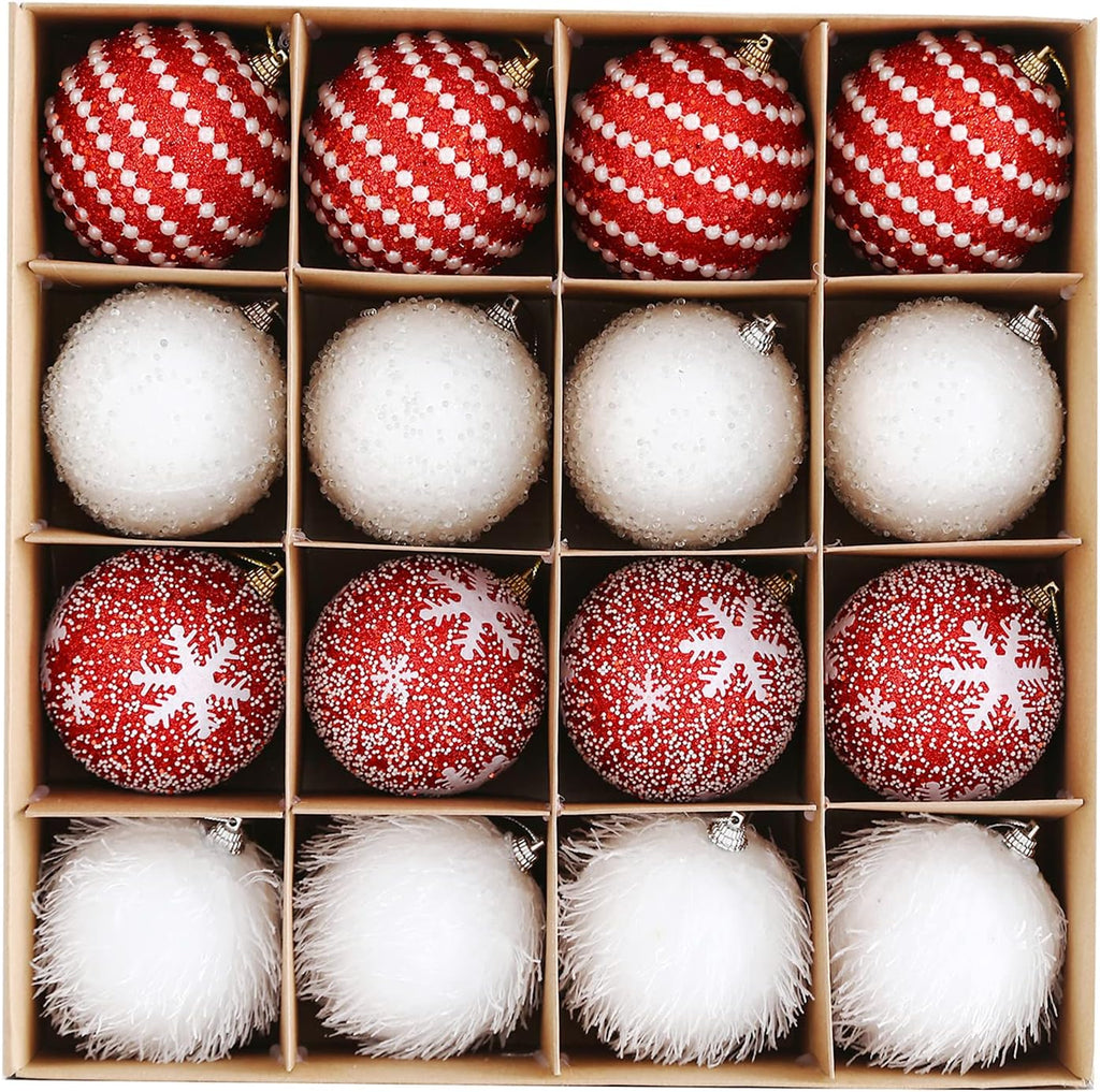Christmas Tree Ball Ornament Set 16pcs 80mm/3.15inch Red White Glittering Shatterproof Foam Christmas Ball Ornaments Xmas Tree Decor Holiday Decoration