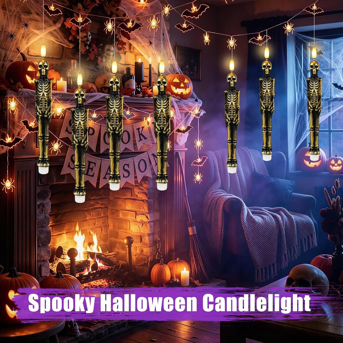 Halloween Skull Flameless Taper Candles Battery Operated, 2 Pack