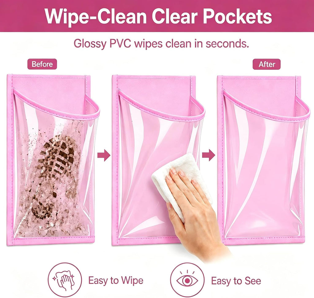 Over the Door Shoe Organizer with 40 Clear PVC Pockets – Waterproof Hanging Shoe Holder for Closet & Bathroom – Space-Saving Door Shoe Rack for Shoes, Toys, Toiletries & Snacks(Pink)