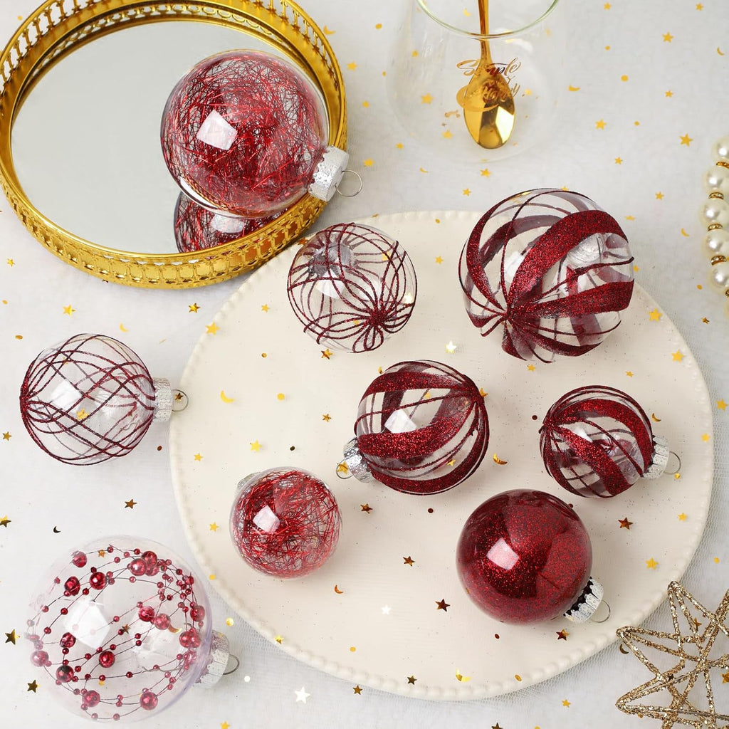 Clear Christmas Ball Ornaments,24ct Shatterproof Plastic Decorative Christmas Ornaments Hanging Xmas Tree Baubles Set with Stuffed Delicate Glittering Decorations for Holiday Home Decor(Burgundy)
