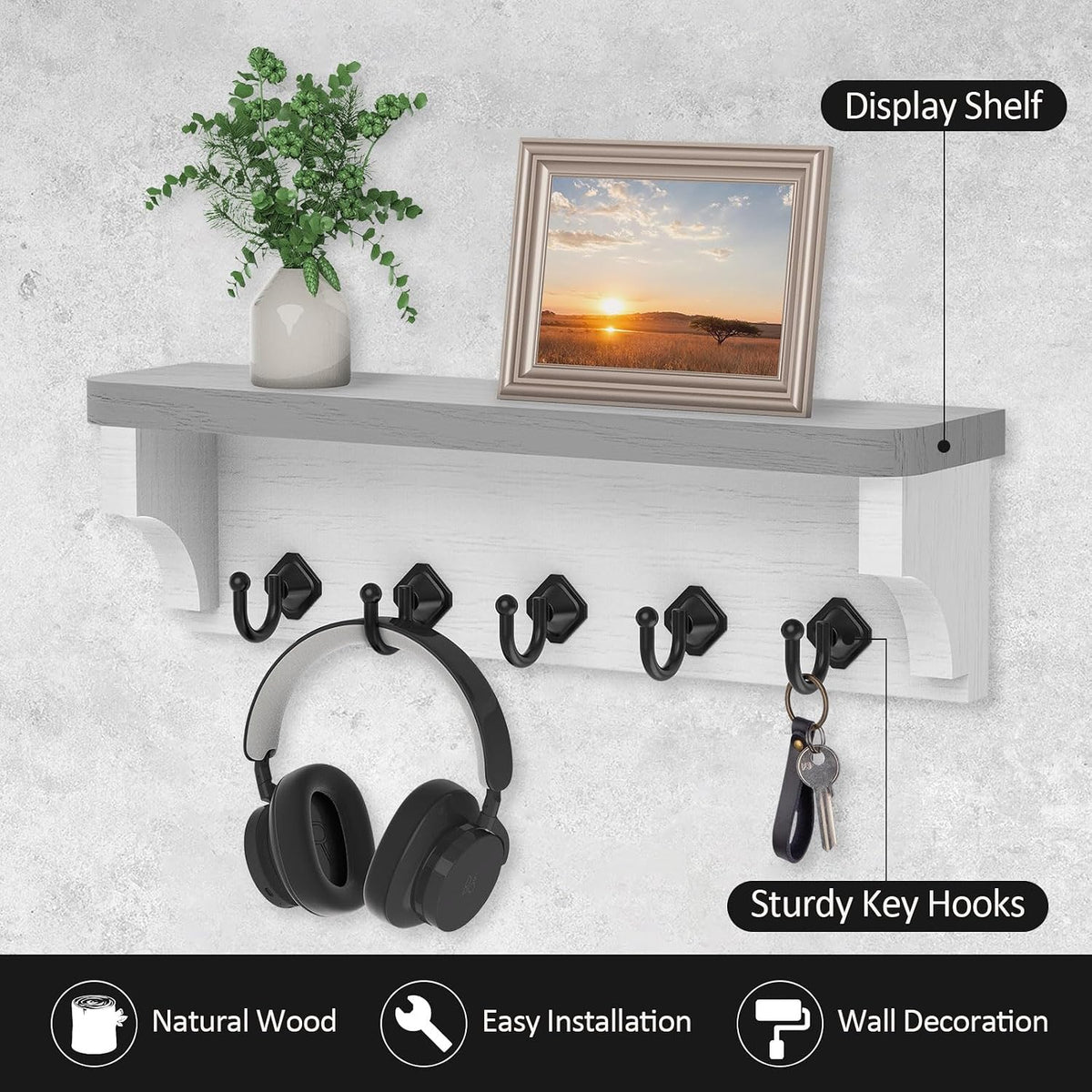 Nekon Key Holder for Wall, 11.8" W x 3.5" H x 2.8" D Wall Shelf, Gray