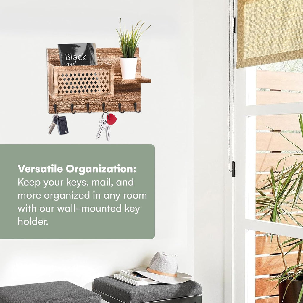 Wooden Key Holder Wall Mount - 9"x16"x2.5" - Brown - Hanging Mail Sorter and Key Holder for Wall - Hallway Hanger Shelf with Coat Hooks - Decorative Organizer Rack